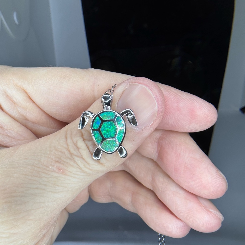Silver Turtle Opal Pendant Necklace